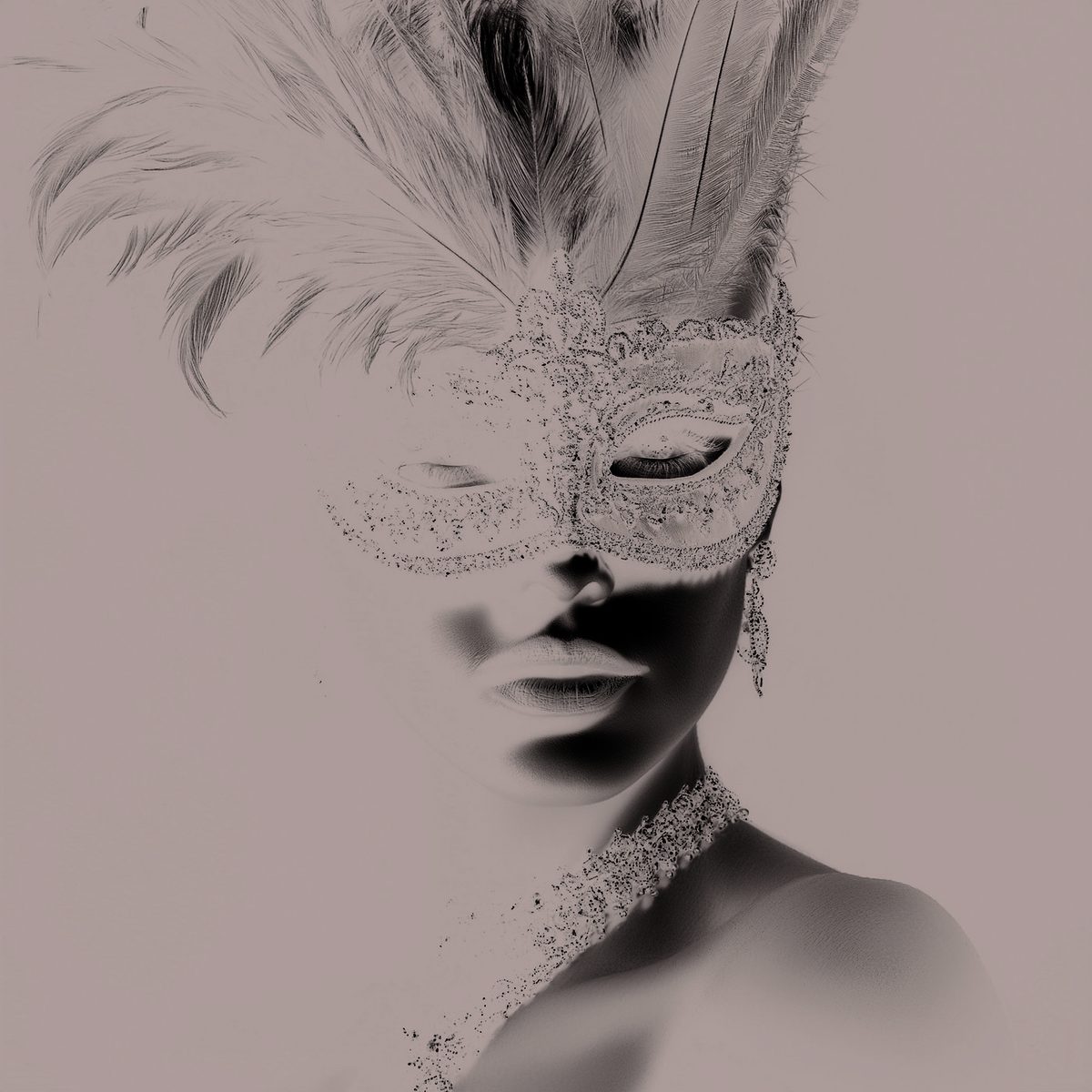 Masquerade NOIR, a woman in a lace masquerade mask and feather headdress, black and white portrait